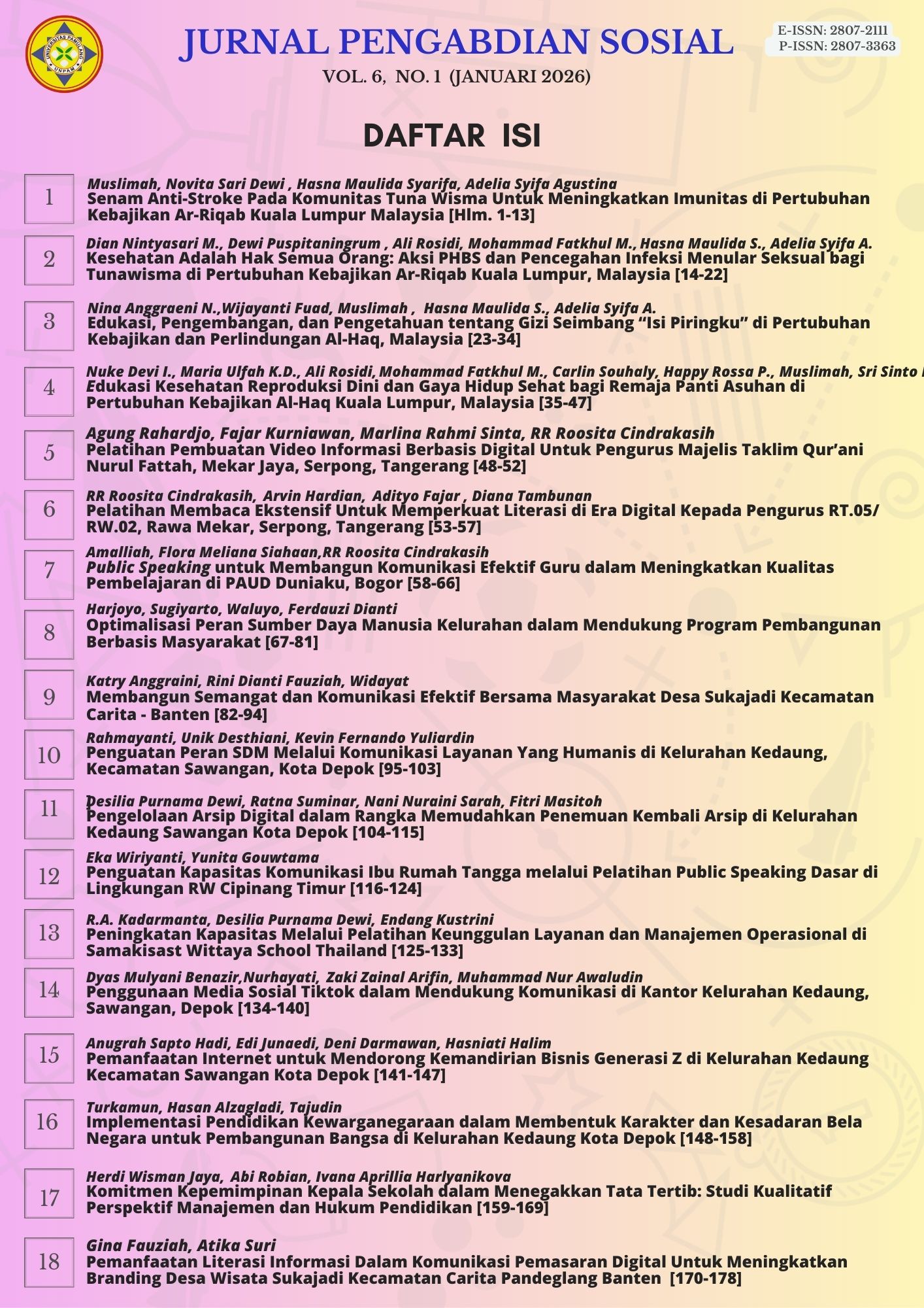 					View Vol. 6 No. 1 (2026): Jurnal Pengabdian Sosial
				