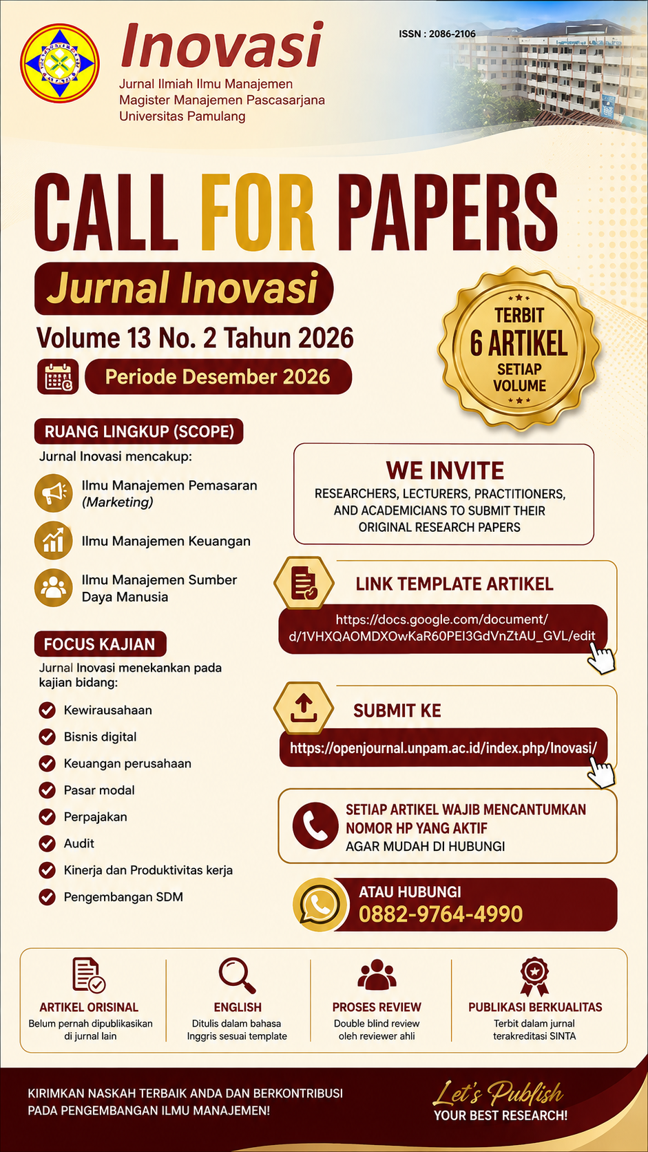 Call for Paper Jurnal Inovasi Volume 13 Nomor 2 Periode Desember 2026